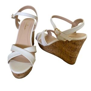 Lulu's White Cork Wedge 4" Ankle Strap Sandal.Casual Summer. Sz 7